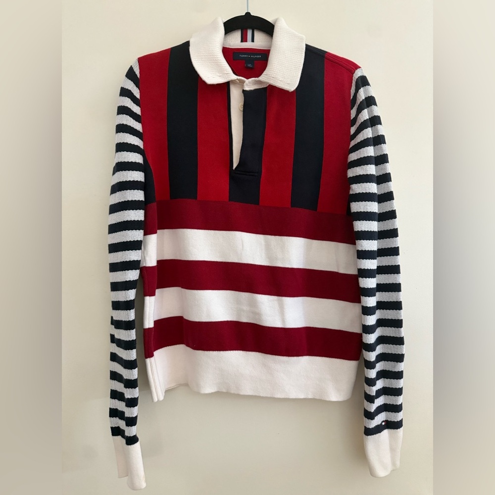 Tommy Hilfiger Red and Black Striped Sweater
